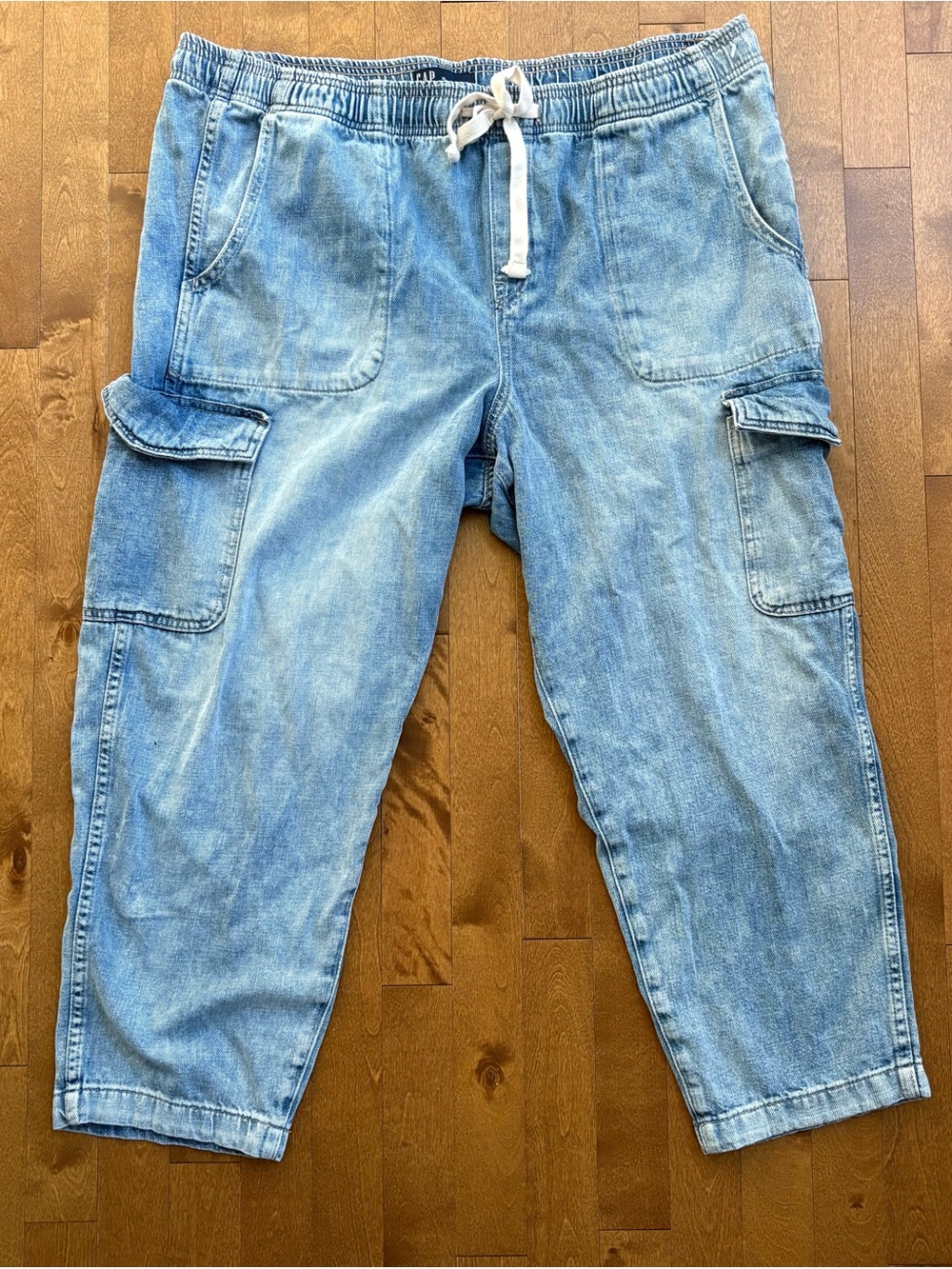 GAP Denim "Easy Jean" High-Rise Elastic Waist Cargo Pants Light Wash Women's XL